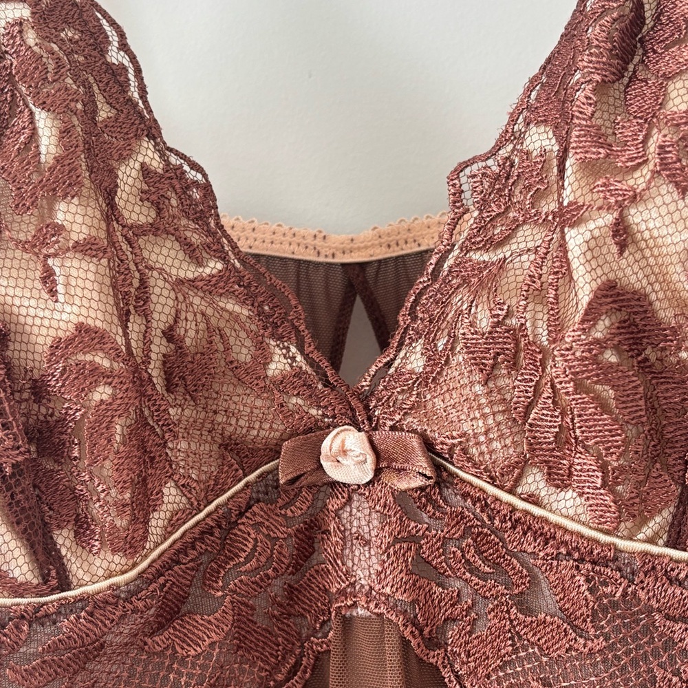 Affinitas Intimates Brown Babydoll Chemise Lace Slip Nightie Dress Vintage - Picture 3 of 9